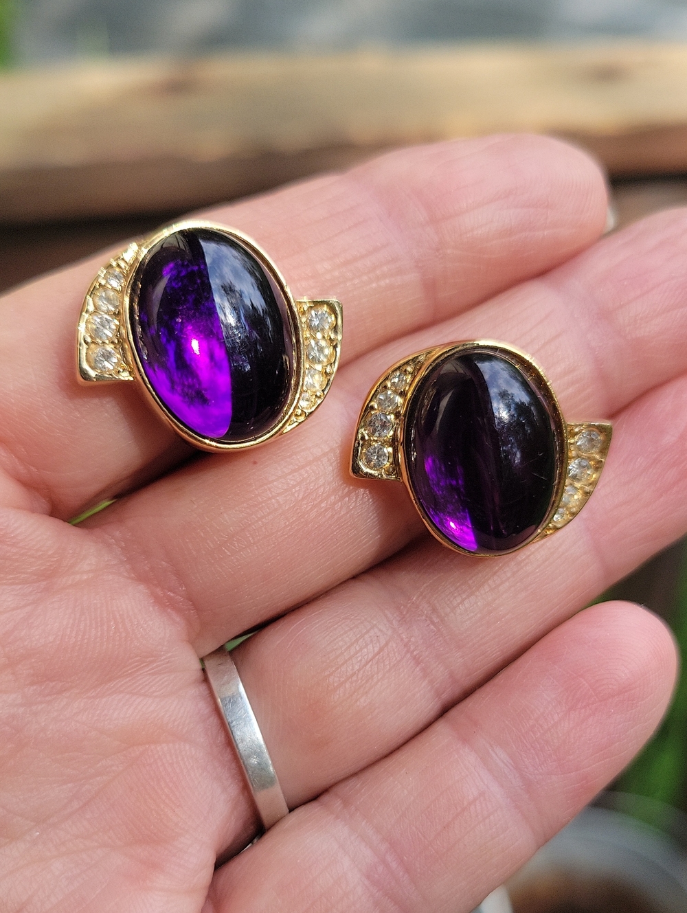 Gold-Plated Clip on  Earrings with Deep Purple Cabochon and Crystal Accents